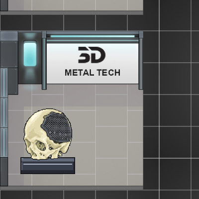 Малий стенд 3D Metal Tech: логотип на екрані над стендом і надрукований череп із сітчастим імплантом на подіумі