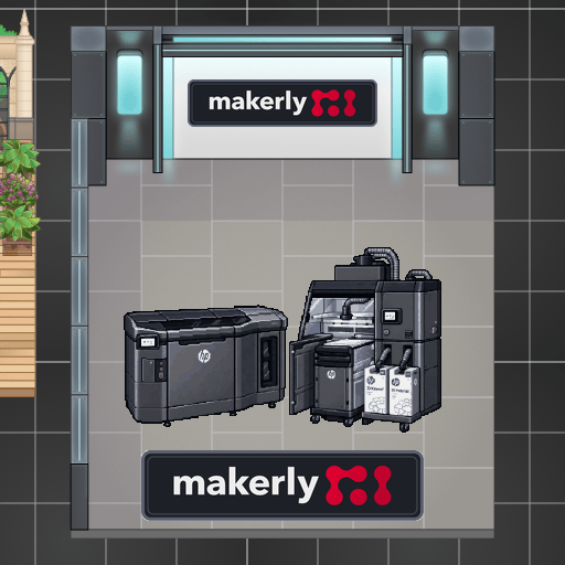 Великий стенд Makerly: логотип на екрані, промислові принтери HP MJF і логотип на підлозі